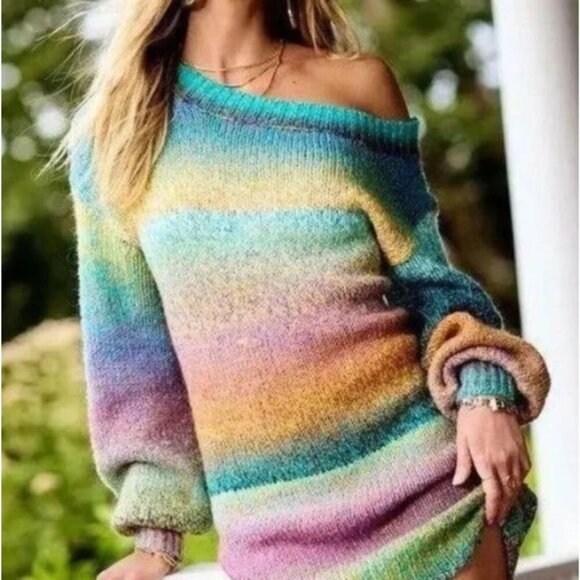 Ramy Brook Off-the-Shoulder Sweater Dress in Blue Multi – Size XS – NWT - Picture 1 of 8